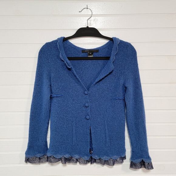 Marc Jacobs Wool Chunky Knit Cardigan Sweater Ruffle Glitter Coquette Medium Top - Picture 4 of 10